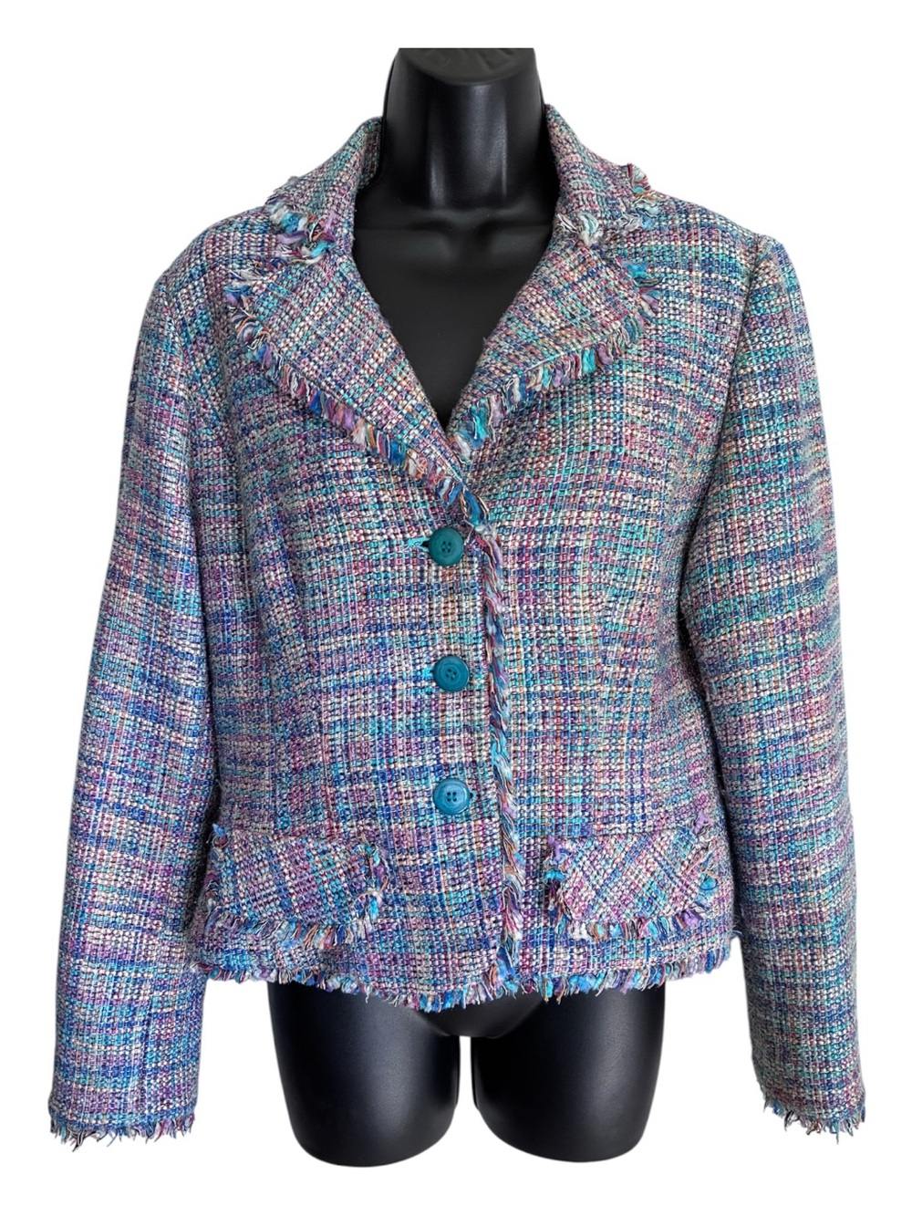 Multicolor Clueless Y2K Tweed Fringed Button-Front Silk Blend Crop Jacket Sz L